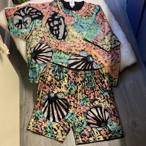 Hand Painted By Heather Oversized Top Shorts Set Abstract Print Seashells Sz L